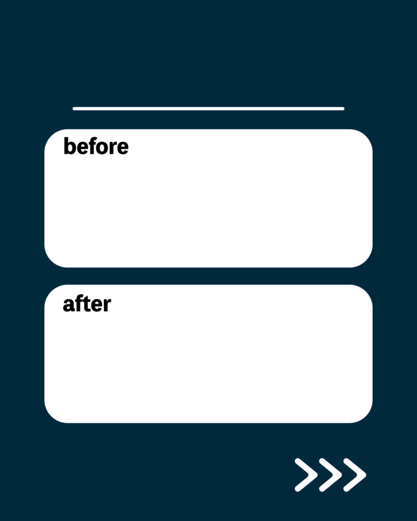プロフェッショナルネイビーの背景に、上部に白い水平線。中央には「before」と「after」の文字がそれぞれ入った白い角丸の長方形が上下に2つ並び、右下には右を指す3つの白い矢印(>>>)が配置されたデザイン。