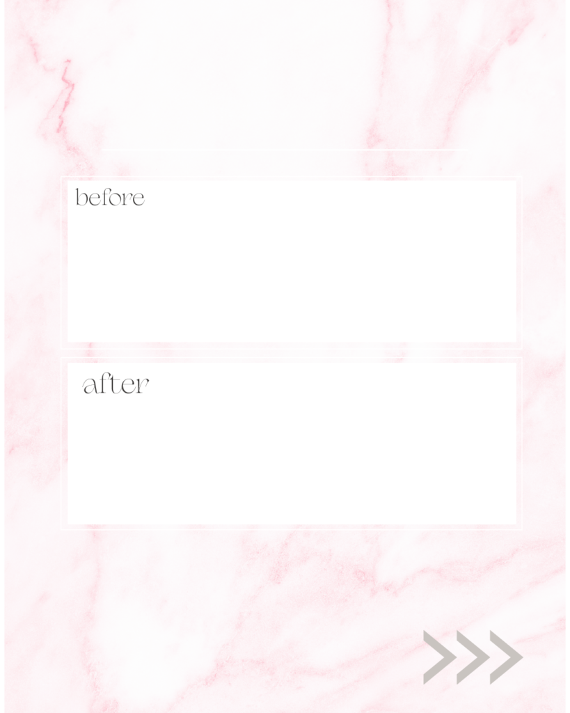 淡いピンクの大理石模様をベースに、中央に「before」「after」の文字が入った白い長方形スペースを上下に2つ並べた背景素材。右下にスワイプを促すグレーの矢印アイコンが入った、縦の比較解説に便利な大人可愛いデザイン。
