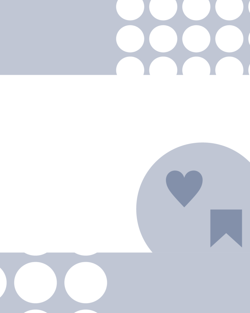 ブルーグレーの背景に白い大きなドット柄が上下に配置されたインスタグラム用背景素材。中央に広いホワイトスペースがあり、右下の円形エリアには「いいね（ハート）」と「保存（リボン）」のアイコンがデザインされた、アクションを促すサンクスページ用テンプレート画像。
