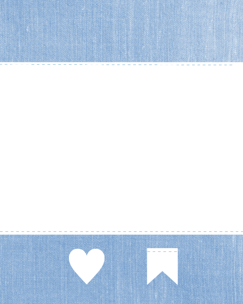 デニムブルーの背景に白い点線枠の大きな正方形が入ったInstagram用テンプレート。下部には、いいねと保存（リボン型）を促す白いアイコン。
