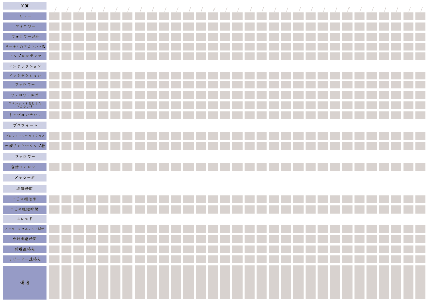 グレーとブルーのクールな配色で、インスタグラムのインサイト分析ができる管理シート。ビュー、フォロワー以外のリーチ、インタラクション、プロフィールアクセス、メッセージ返信時間、スレッド数に加え、最下部に広めの備考欄がある表形式のPDFテンプレート画像。
