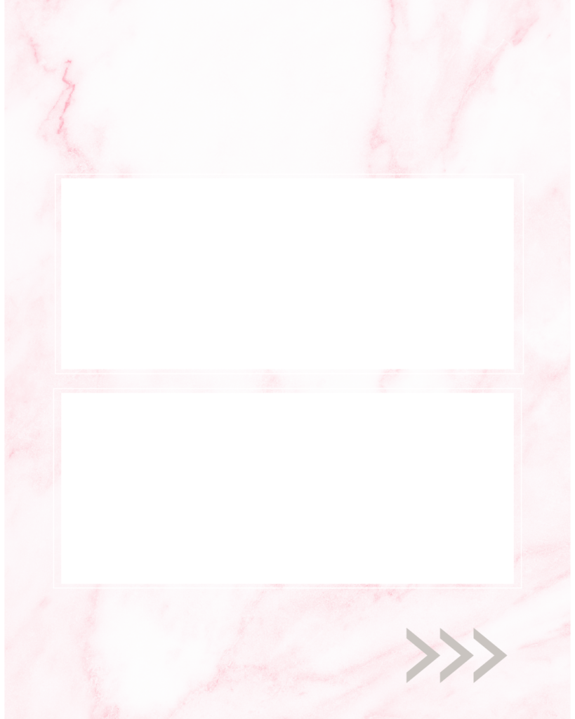 淡いピンクの大理石模様をベースに、中央に白い長方形スペースを上下に2つ並べた背景素材。右下にスワイプを促すグレーの矢印アイコンが入った、縦の比較解説に便利な大人可愛いデザイン。

