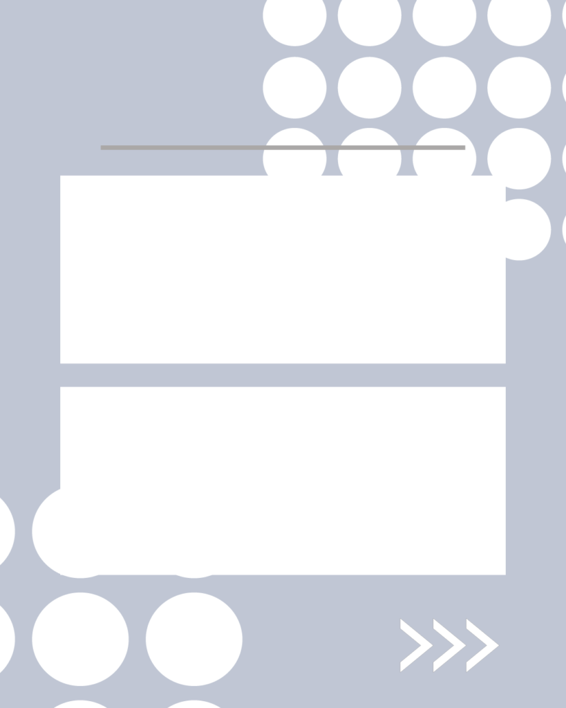 ブルーグレーの背景に対角線上の白い大きなドット柄をあしらった、インスタグラム用背景素材。中央が上下2つの白い横長長方形に分割されており、上部には細いタイトルライン、右下にはスワイプを促す「>>>」アイコンが入った、情報整理に適したテンプレート画像。
