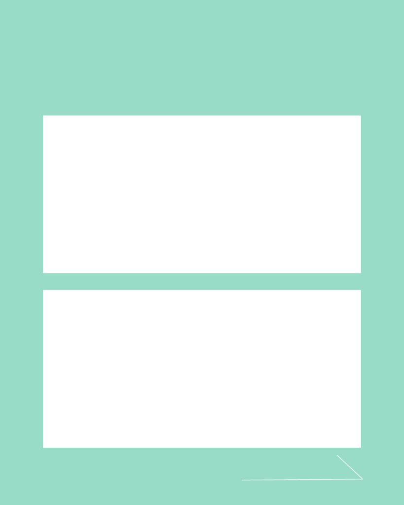 ミントグリーンの背景に2枚の白い横長長方形を上下に並べ、右下にシンプルな白い矢印を添えた、上下のレイアウトに便利で爽やかな無料デザインテンプレート。
