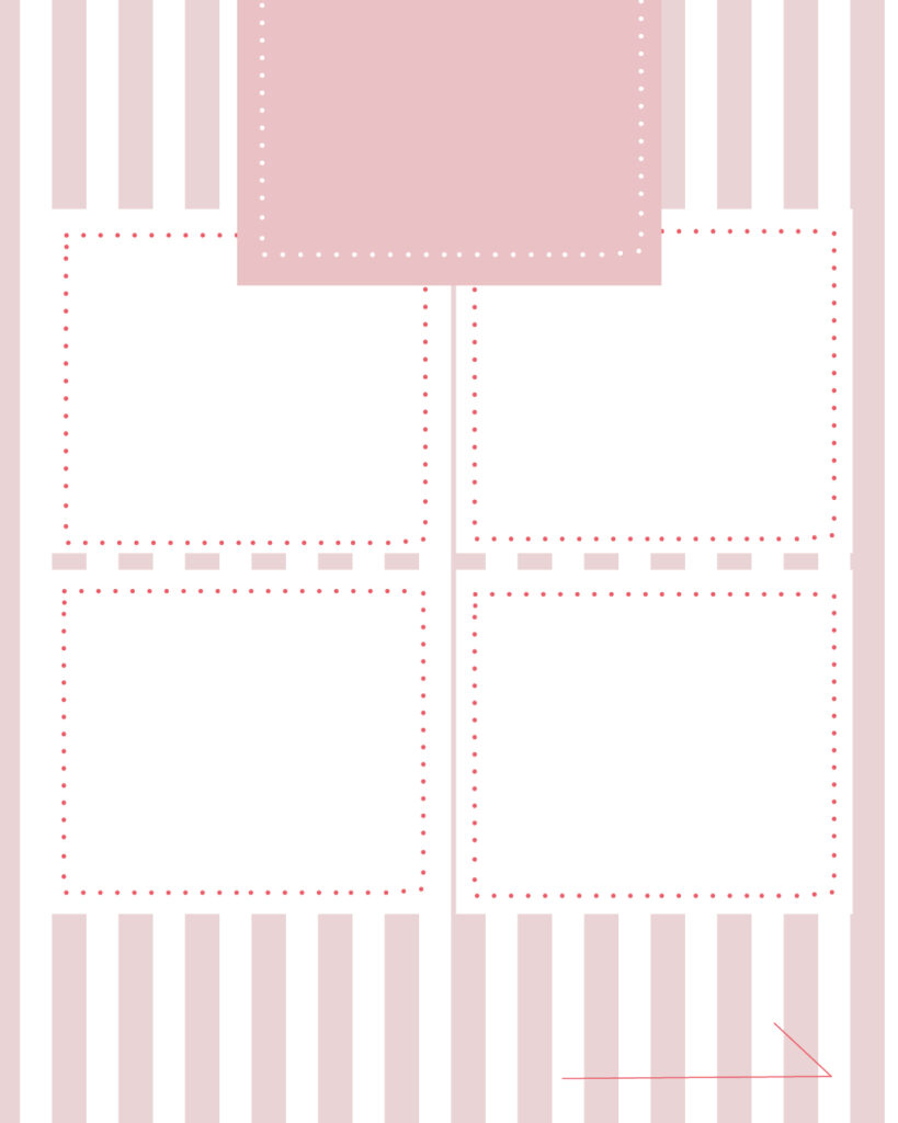 くすみピンクのストライプ柄背景に、上段のタイトル用ピンク枠と下段4つの白枠フレーム、右下に「進む」矢印を配置したインスタ投稿用デザインテンプレート素材
