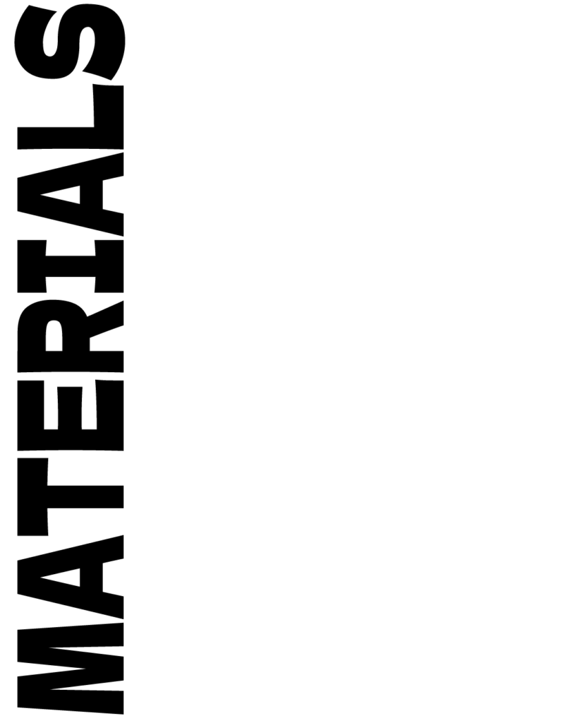 白背景の左端に、黒の太い大文字で「MATERIALS」と垂直（縦方向）に大きく配置されたシンプルな画像
