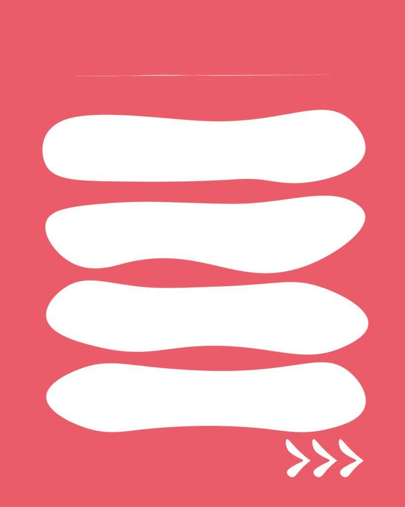 鮮やかなピンク色の背景の中央に、4つの白い細長い不定形シェイプが上下に並んで配置されたデザイン。上部には細い白い横線、右下には右を指す3つの白い矢印(>>>)が描かれています。