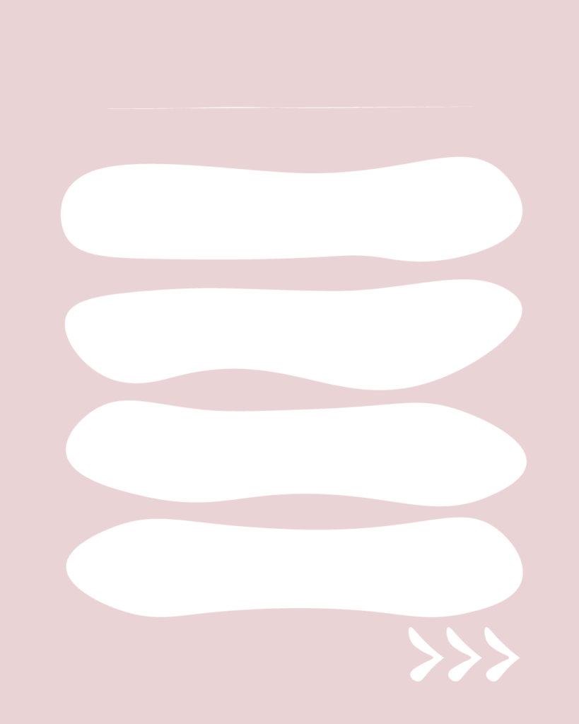 淡いスモーキーピンクの背景の中央に、4つの白い横長の不定形シェイプが互い違い（ジグザグ）に配置されたデザイン。上部には細い白い横線、右下には右を指す3つの白い矢印（>>>）が描かれています。
