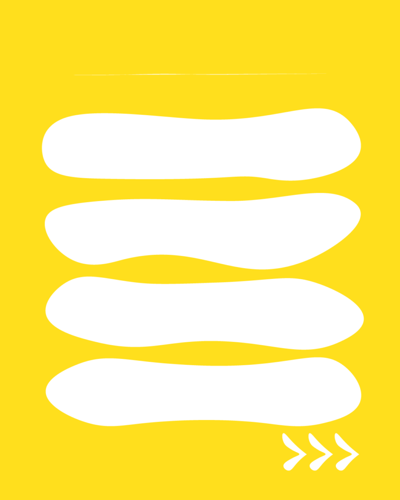鮮やかな黄色の背景の中央に、4つの白い細長い不定形シェイプが上下に並んで配置されたデザイン。上部には細い白い横線、右下には右を指す3つの白い矢印（>>>）が描かれています。
