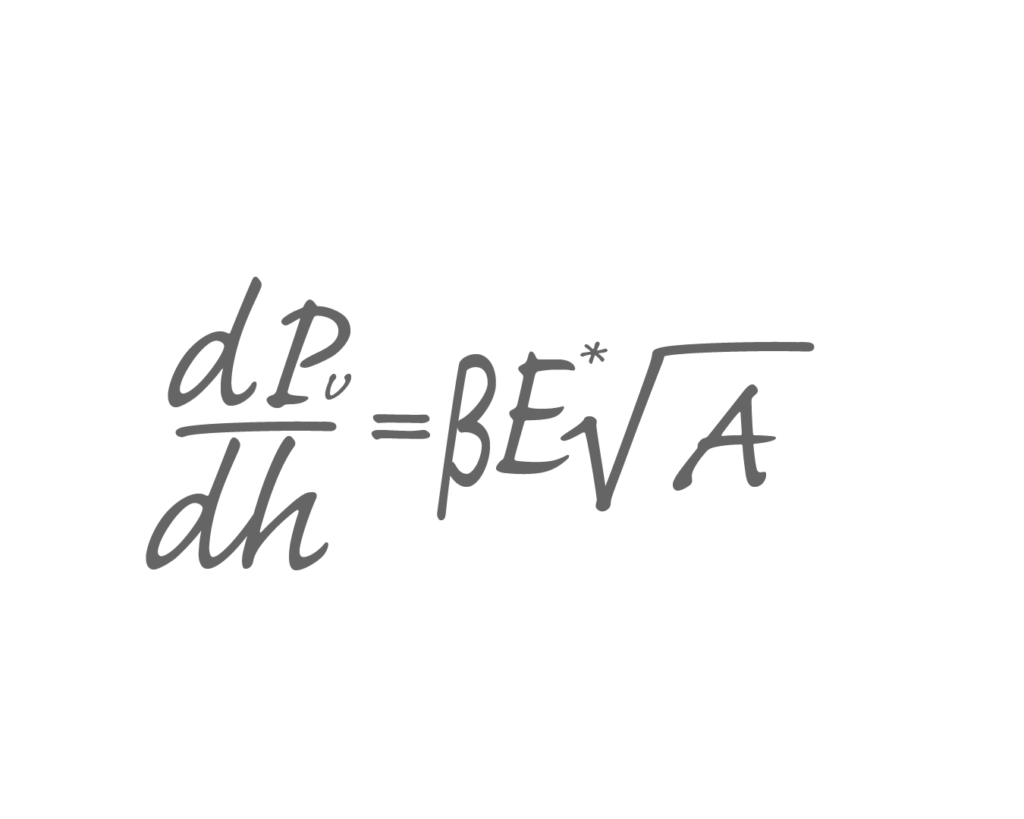 数式「dPᵥ/dh=βE*√A」が、透過60％の薄い黒色で書かれた白背景のシンプルな画像。
