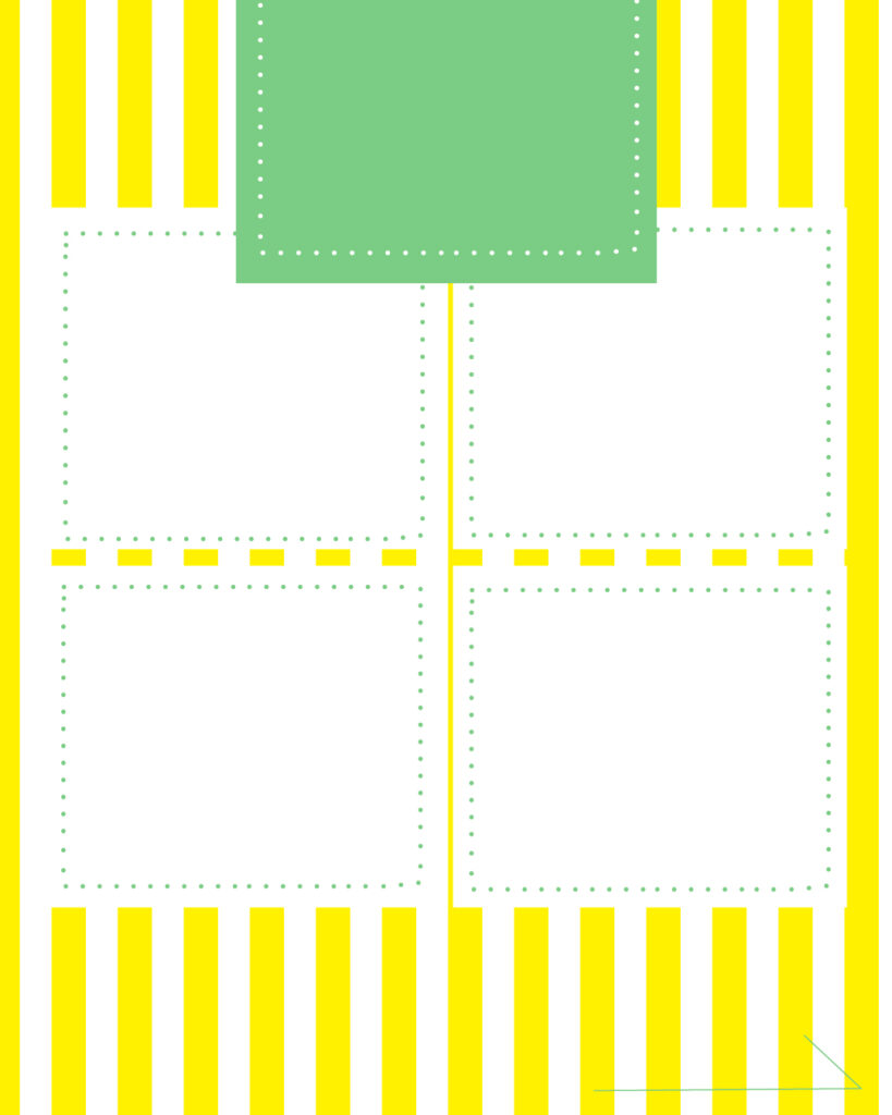 黄色と白の爽やかなシトラス・ストライプ背景に、上部のミントグリーンの見出しスペースと、その下に4つの白いメッセージ枠を配置した、まとめやステップ紹介に便利な背景デザイン。
