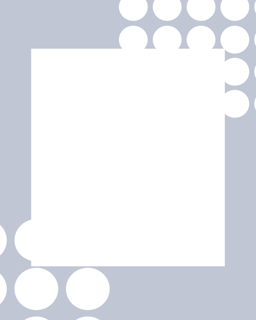 ブルーグレーの背景に大きな白いドット（水玉模様）が対角線上に配置された、インスタグラム投稿用の背景テンプレート素材。中央には文字入れや写真挿入用の白い正方形の枠があり、ポップかつスタイリッシュなデザインの画像。
