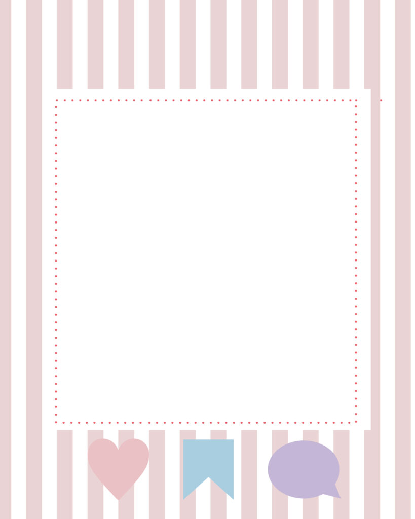 くすみピンクのストライプ柄背景に大きな白枠フレームと、下部にハート・保存・吹き出しのアイコンを配置した、サンクスページ用のインスタ投稿用デザインテンプレート素材
