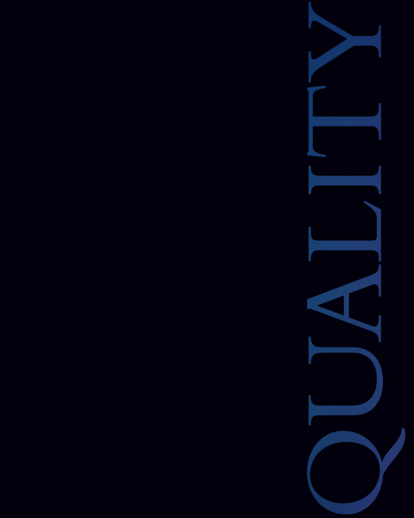 右端に「QUALITY」の青いタイポグラフィを縦に配置した、スタイリッシュな黒背景素材（品質重視の製造業・ものづくり向けデザイン）
