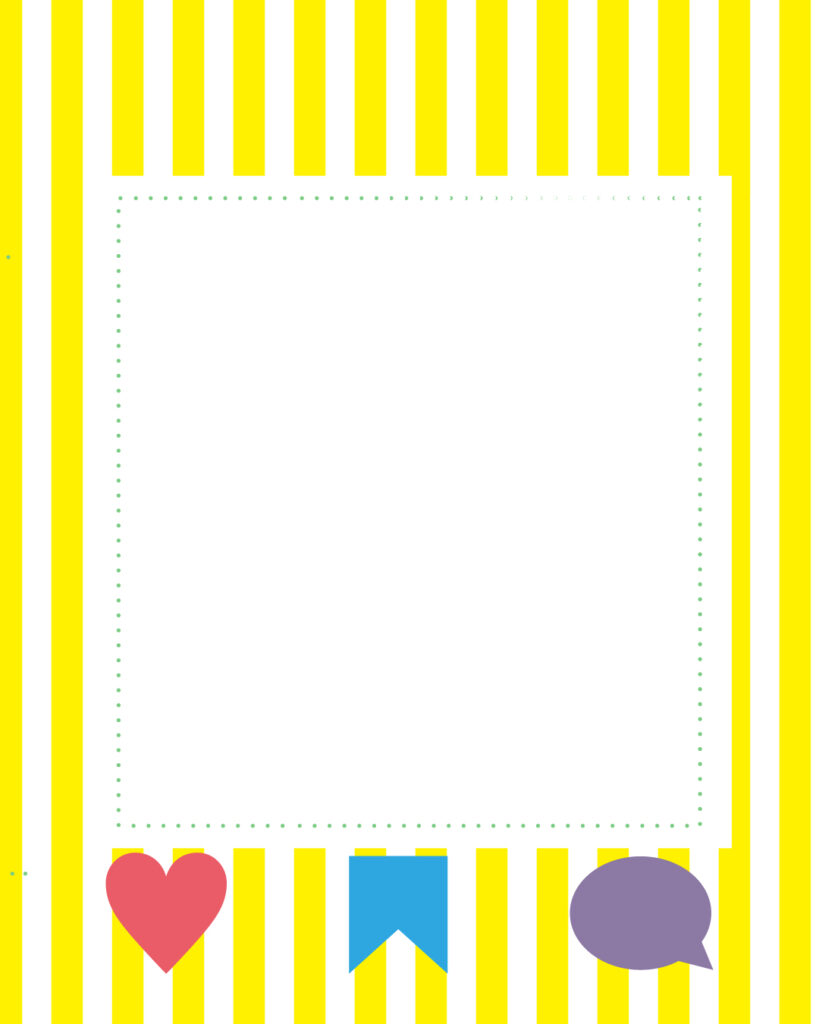 黄色と白の爽やかなシトラス・ストライプ背景に、中央の白いメッセージ枠と、その下部にハート・リボン・吹き出しのカラフルなSNSアイコンを配置した、リアクションを促す背景デザイン。
