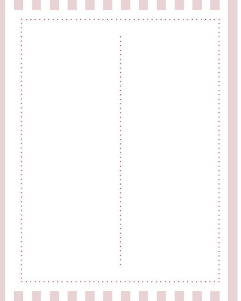 くすみピンクのストライプ柄背景に、中央を点線で区切った比較や2例紹介に便利な白枠フレームのインスタ投稿用デザインテンプレート素材
