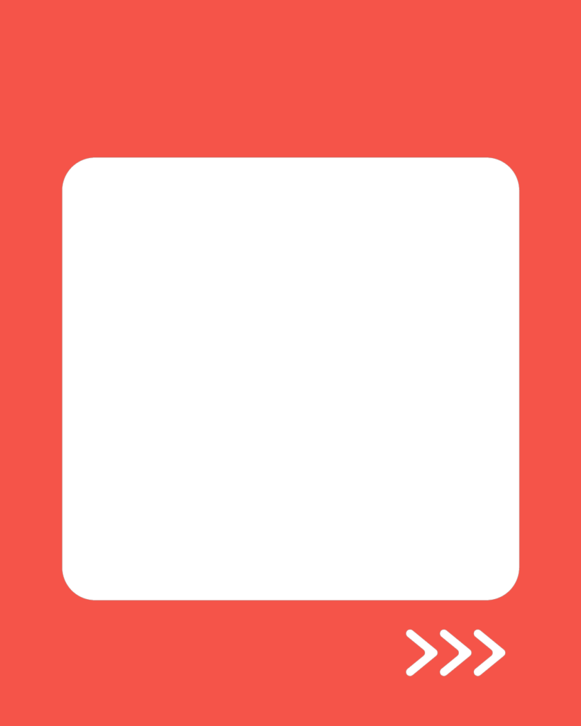 スカーレット（朱色）の背景に、角丸の白い正方形が中央に配置されたデザイン。右下には次へ進むことを示す白い3つの矢印アイコン（>>>）がある。
