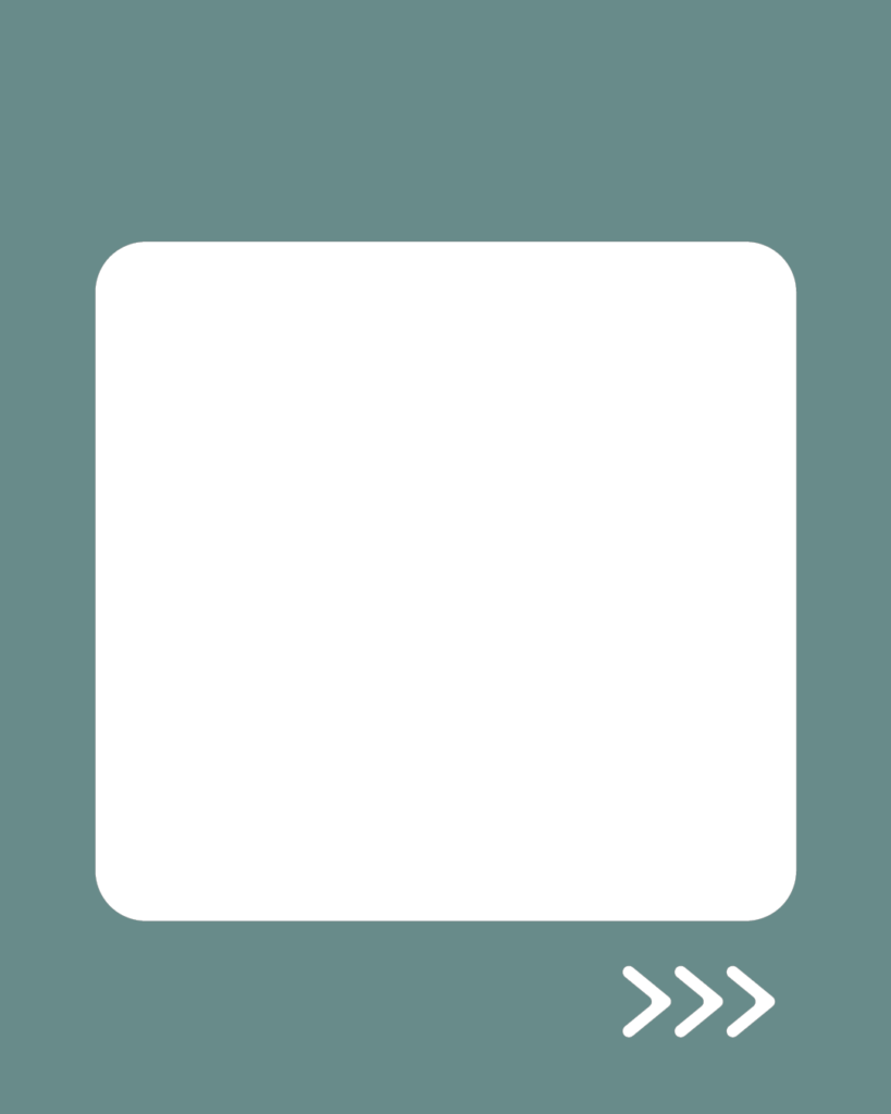 スモーキーグリーンの背景に、中央に角丸の白い正方形。右下には右を指す3つの白い矢印（>>>）が配置された、Instagram投稿向けのシンプルなスライド用テンプレート。
