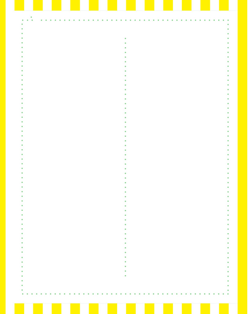 黄色と白の爽やかなシトラス・ストライプの外枠の中に、中央を縦の点線で2つに仕切ったホワイトのメッセージスペースを配置した、比較や2項目紹介に最適な背景デザイン。
