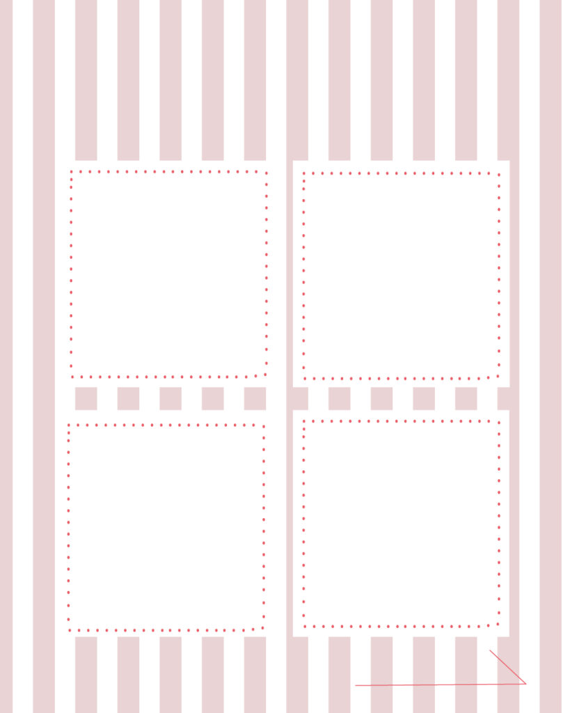 くすみピンクのストライプ柄背景に、田の字型に並んだ4つの独立した正方形白枠フレームと右下に「進む」矢印が付いた、多項目紹介に便利なインスタ投稿用デザインテンプレート素材
