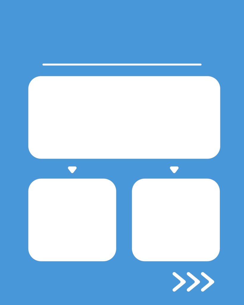 アクアカラーの背景に、上部の大きな枠から下部2つの枠へ矢印が伸びた、分岐・深掘り解説用スライドテンプレート