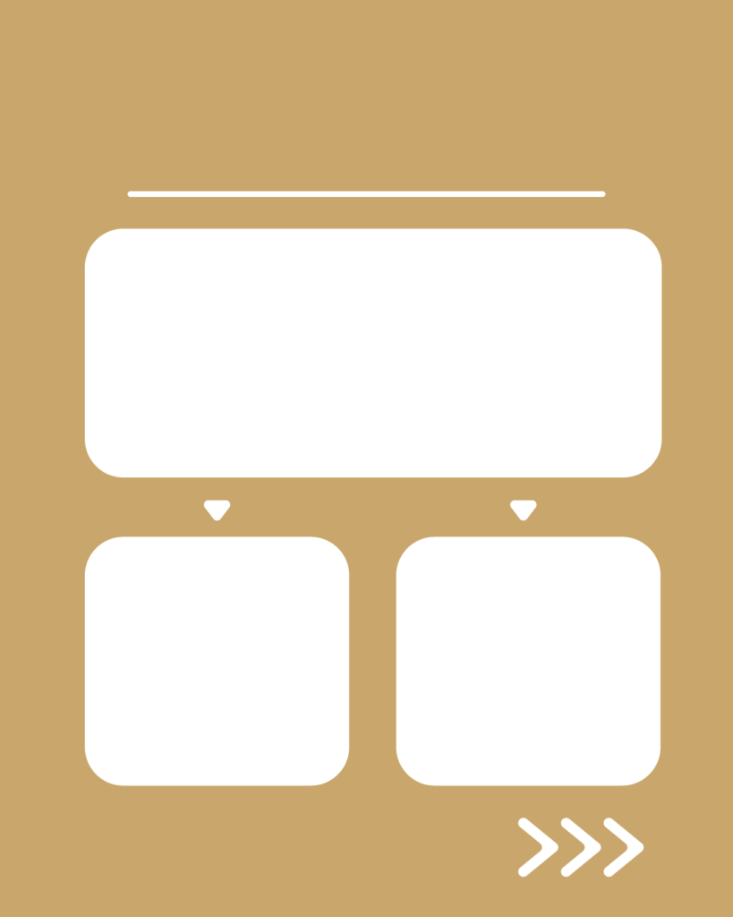 キャメルベージュの背景に、上部の大きな枠から下部2つの枠へ矢印が伸びた、分岐・深掘り解説用スライドテンプレート