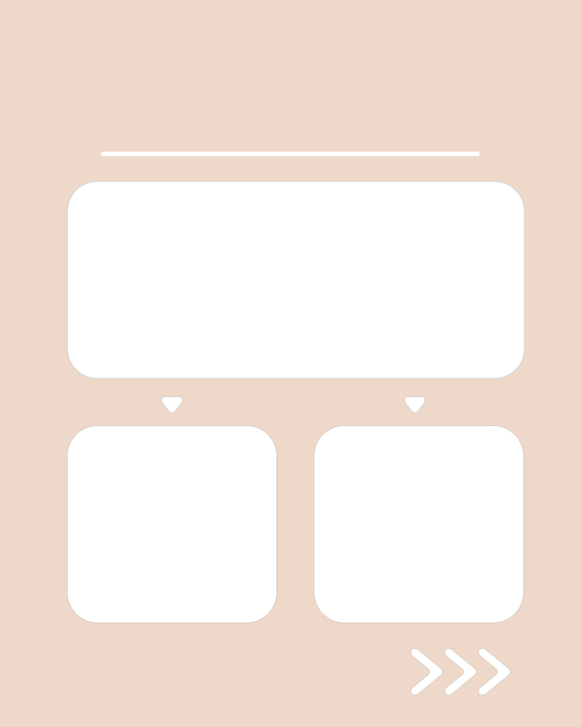 ミルクティーピンクの背景に、上部の大きな枠から下部2つの枠へ矢印が伸びた、分岐・深掘り解説用スライドテンプレート
