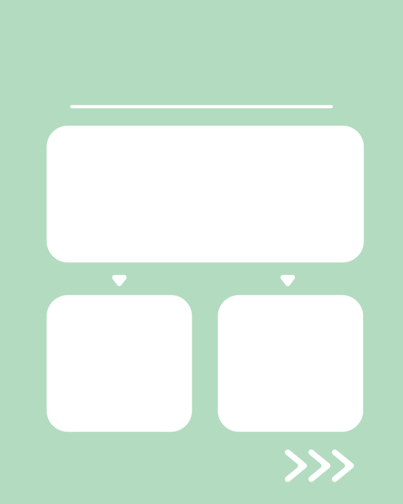 ピスタチオミストの背景に、上部の大きな枠から下部2つの枠へ矢印が伸びた、分岐・深掘り解説用スライドテンプレート
