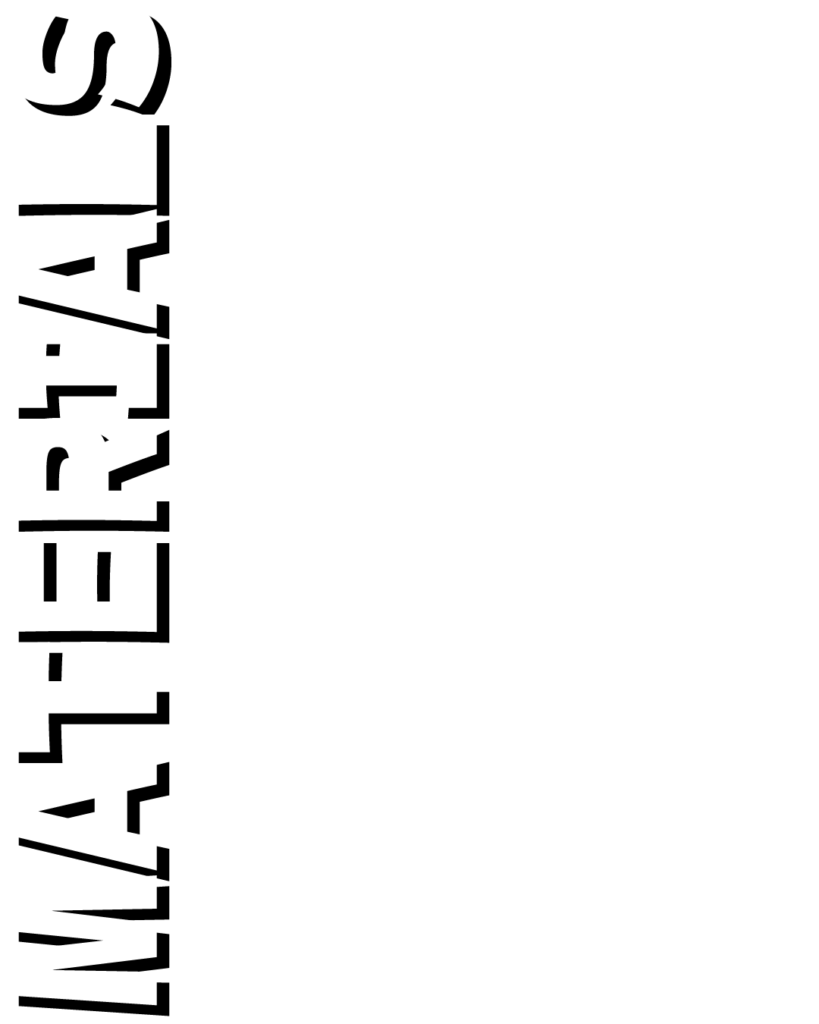 白背景の左端に、黒の大文字で「MATERIALS」の文字が垂直（縦方向）に、水平線で分割されたようなデザインで配置された画像
