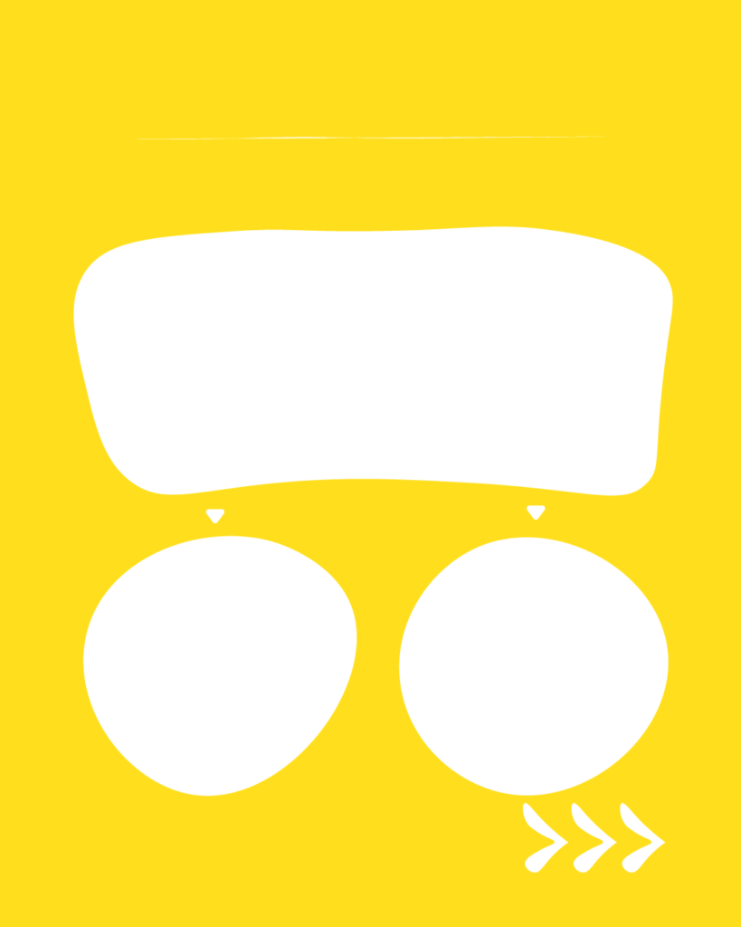 鮮やかな黄色の背景に、白いシェイプが配置されたデザイン。上部に大きな横長の不定形シェイプがあり、その下に2つの円形に近いシェイプが並んでいます。上部のシェイプから下の各円に向かって小さな白い下向きの三角形が描かれています。最上部には細い白い横線、右下には右を指す3つの白い矢印（>>>）があります。
