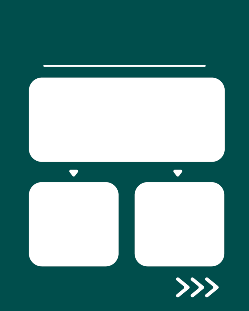 深緑色のインスタ背景素材。上部に一本線と大きな白い角丸の長方形、その下に下向きの小さな矢印でつながれた2つの白い角丸の正方形、右下には次へ進むことを示す3つの矢印アイコンが配置されたデザイン。