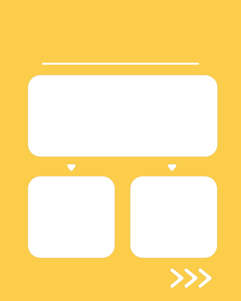 ミモザ・イエローのインスタ背景素材。上部に一本線と大きな白い角丸の長方形、その下に小さな下向き矢印でつながれた2つの白い角丸の正方形、右下には3つの矢印アイコンが配置されたデザイン。