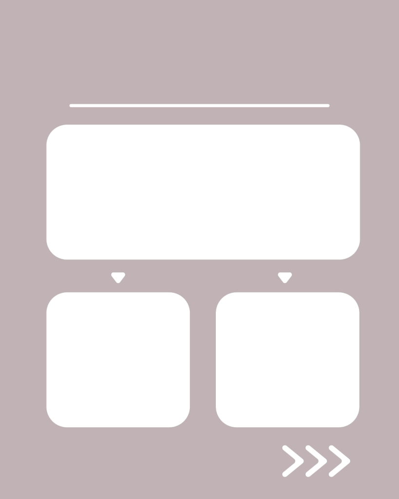 ニュアンスグレージュの背景。上部に白い水平線があり、その下に大きな白い角丸長方形が1つ。その下には、2つの下向き三角形(▼)を介して、小さな白い角丸正方形が左右に2つ並んでいる。右下には右を指す3つの白い矢印(>>>)が配置されたデザイン。