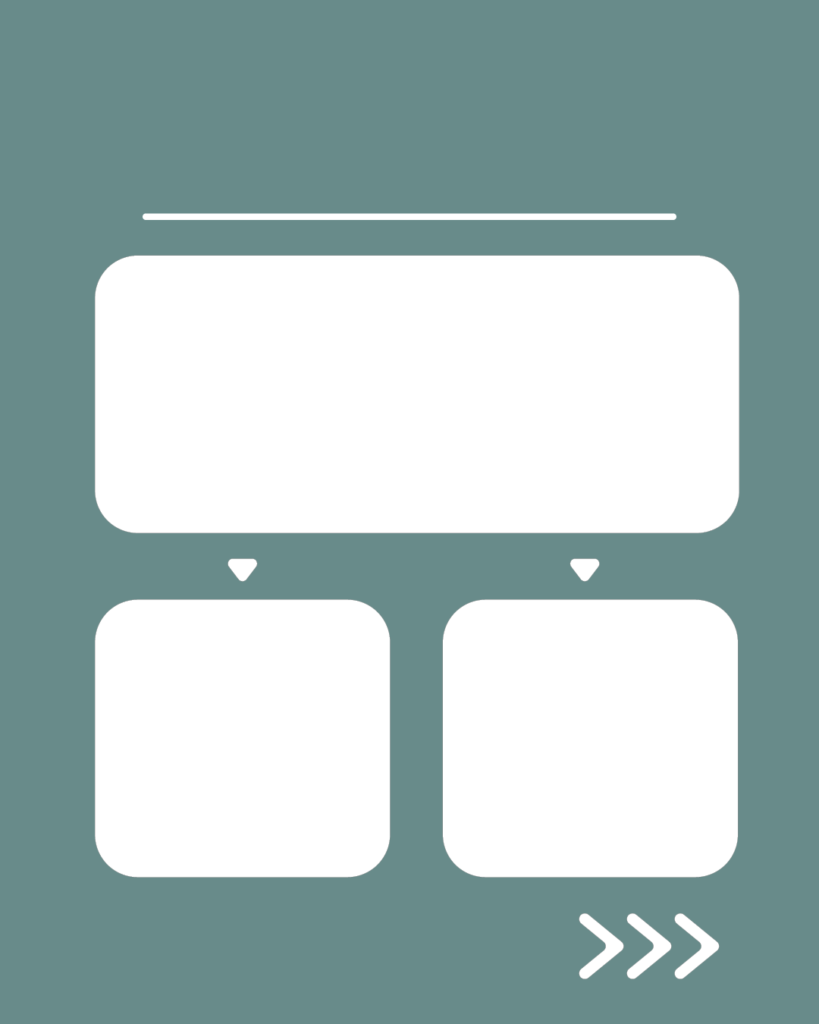 スモーキーグリーンの背景。上部に白い水平線があり、その下に大きな白い角丸長方形が1つ。その下には、2つの下向き三角形（▼）を介して、小さな白い角丸正方形が左右に2つ並んでいる。右下には右を指す3つの白い矢印（>>>）が配置されたデザイン。
