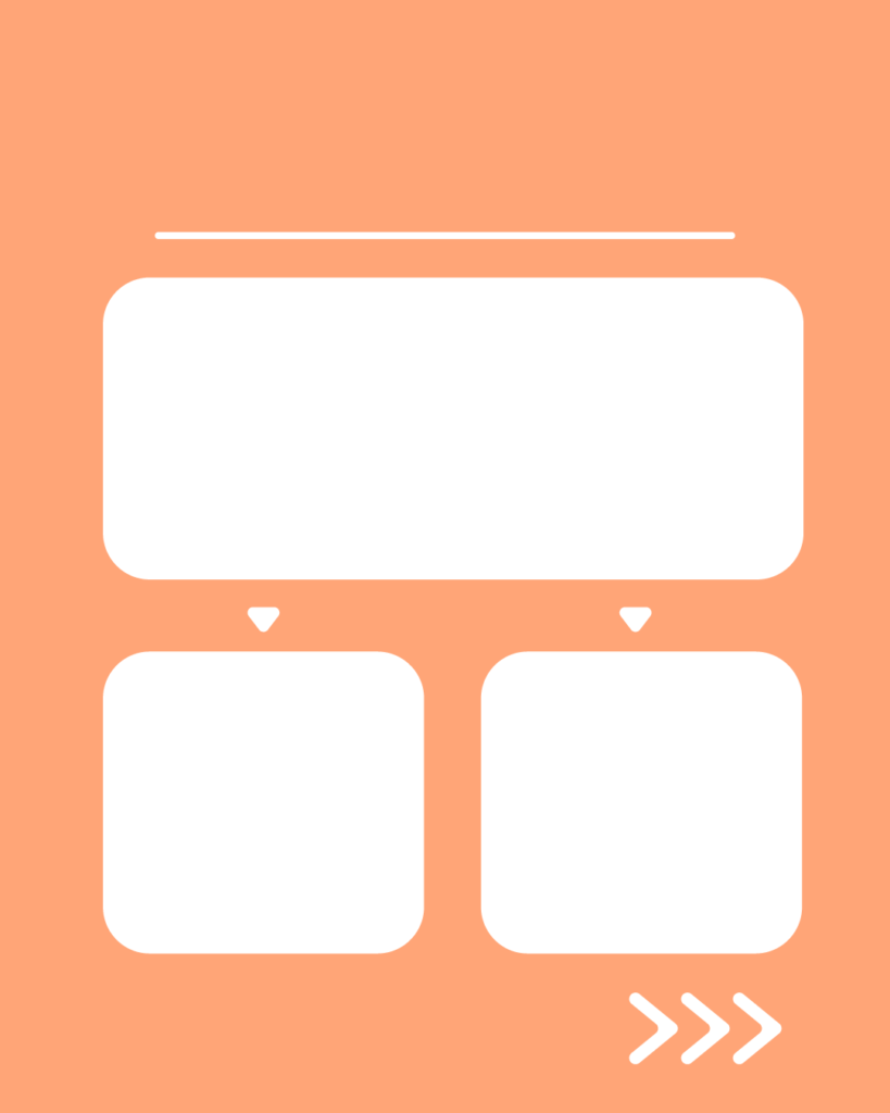 ぬくもりコーラルの背景。上部に白い水平線があり、その下に大きな白い角丸長方形が1つ。その下には、2つの下向き三角形（▼）を介して、小さな白い角丸正方形が左右に2つ並んでいる。右下には右を指す3つの白い矢印（>>>）が配置されたデザイン。
