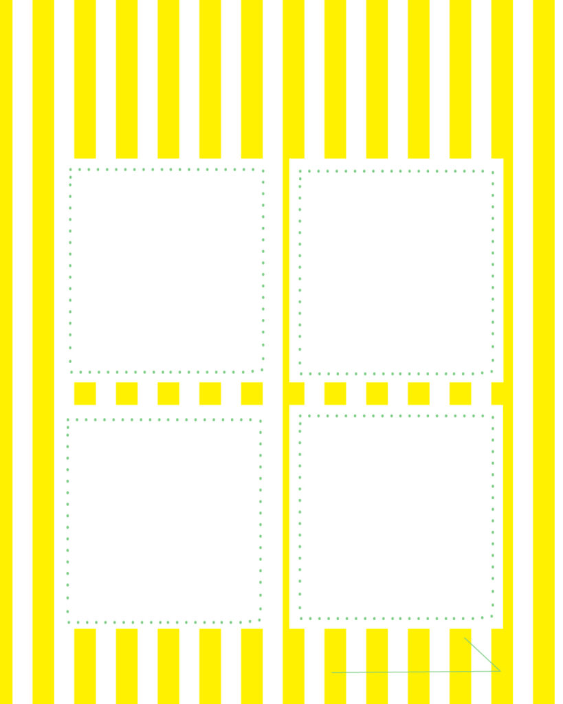 黄色と白の爽やかなシトラス・ストライプ背景に、4つの白い正方形メッセージ枠を田の字型に整列させた、複数の項目を均等に紹介できる夏らしい背景デザイン。
