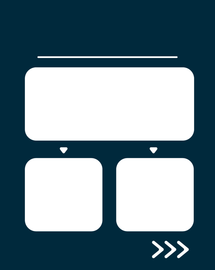 プロフェッショナルネイビーの背景。上部に白い水平線があり、その下に大きな白い角丸長方形が1つ。その下には、2つの下向き三角形(▼)を介して、小さな白い角丸正方形が左右に2つ並んでいる。右下には右を指す3つの白い矢印(>>>)が配置されたデザイン。