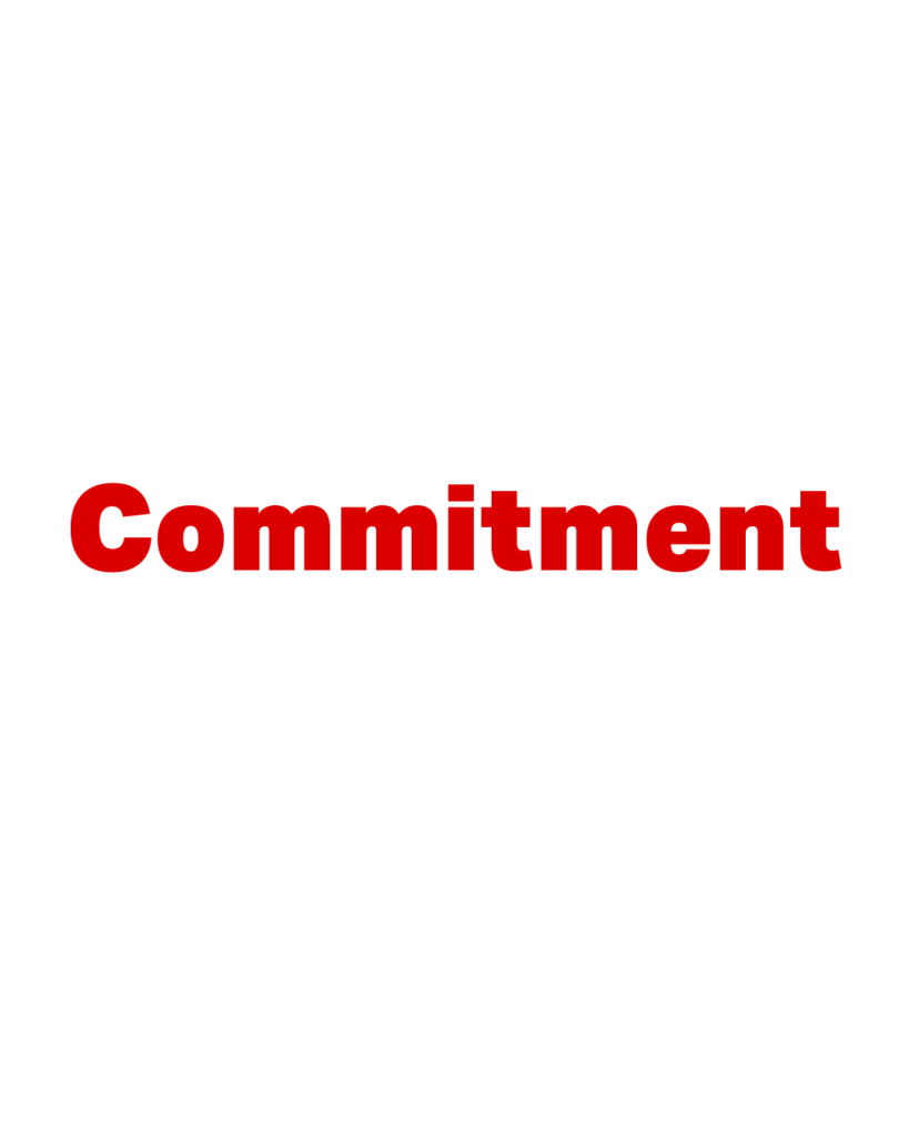 白背景に赤色で太字の「Commitment」という英単語が中央に配置されたタイポグラフィ画像
