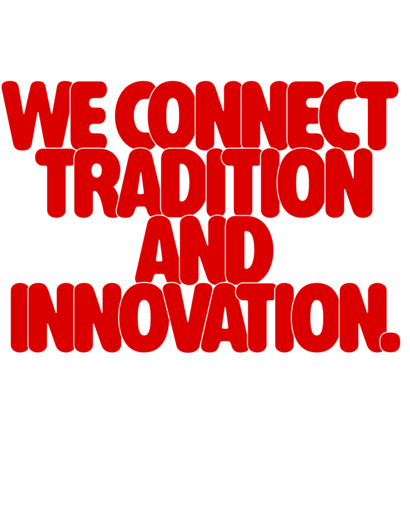 製造業インスタ向け「WE CONNECT TRADITION AND INNOVATION.」赤色ポップフォントのロゴ・文字素材
