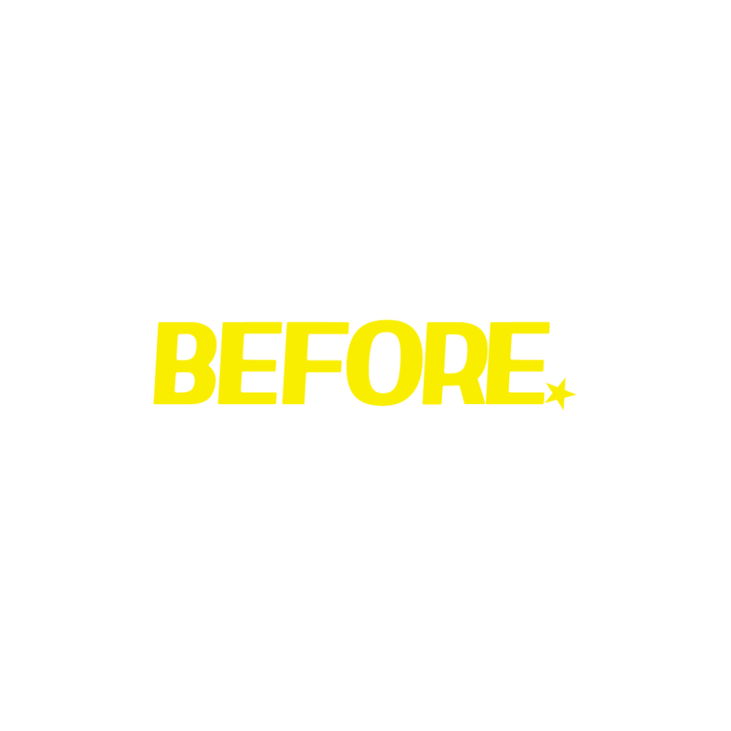白背景の中央に、鮮やかな黄色の太字サンセリフ体（ゴシック体）で「BEFORE」と描かれたグラフィック素材。文字の右下（Eの右隣）には、アクセントとして小さな黄色の星のマーク（★）が添えられており、ポップでキャッチーなデザインになっています。
