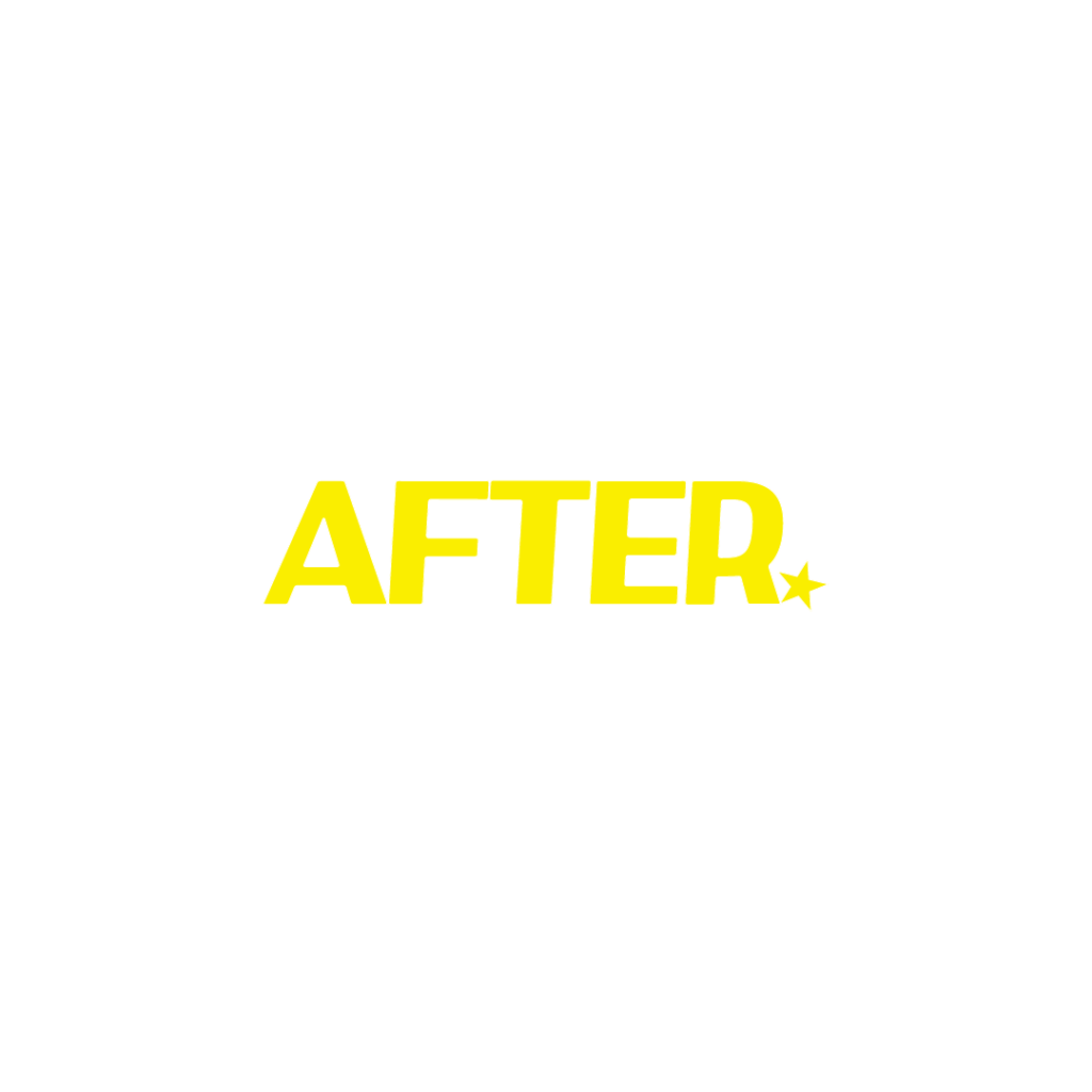 白背景の中央に、鮮やかな黄色の太字サンセリフ体（ゴシック体）で「AFTER」と描かれたグラフィック素材。文字の右下（Rの右隣）には、アクセントとして小さな黄色の星のマーク（★）が添えられており、ポップでキャッチーなデザインになっています。
