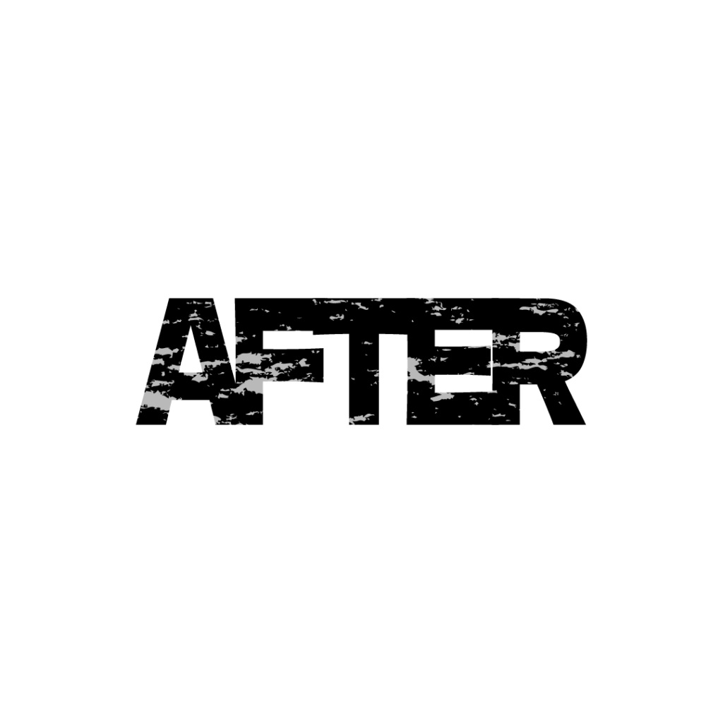 白背景の中央に、黒の極太サンセリフ体（ゴシック体）で「AFTER」と描かれたグラフィック素材。文字全体に、インクが擦れたような、あるいはペンキが剥がれ落ちたような激しい白黒のかすれ加工（グランジテクスチャ）が施されており、非常にラフでストリート感のあるデザインになっています。
