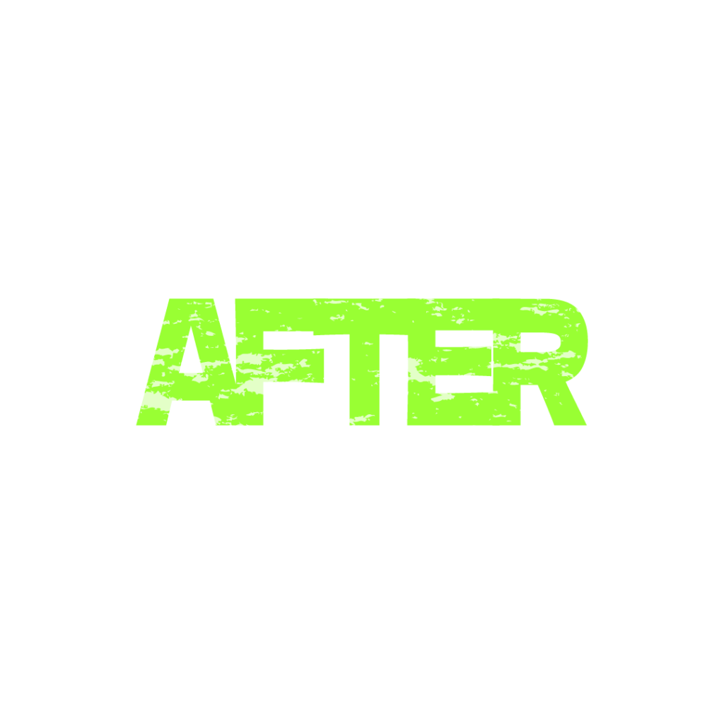 白背景の中央に、鮮やかなネオングリーンの極太サンセリフ体（ゴシック体）で「AFTER」と描かれたグラフィック素材。文字全体に、インクが擦れたような、あるいはペンキが剥がれ落ちたような激しい白と緑のかすれ加工（グランジテクスチャ）が施されており、非常にラフでストリート感のあるデザインになっています。
