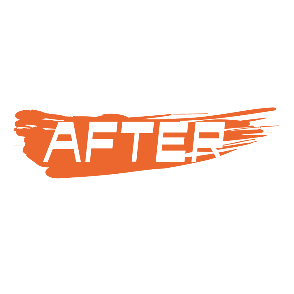 鮮やかな朱色（オレンジ）のラフな筆跡の背景に、白い太字で「AFTER」と書かれたグラフィック素材。文字の右側には、スピード感やかすれを表現したような、横方向の白い直線的なカットラインのあしらいが入っています。
