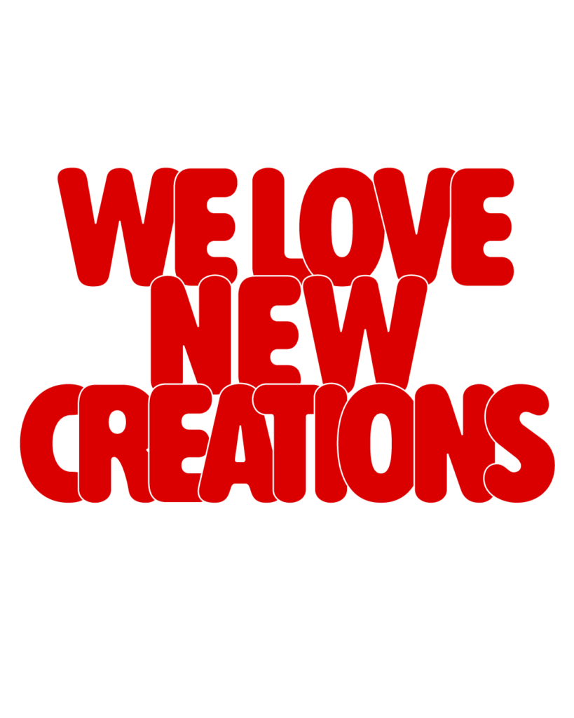 製造業インスタ向け「WE LOVE NEW CREATIONS」赤色ポップフォントのロゴ・文字素材
