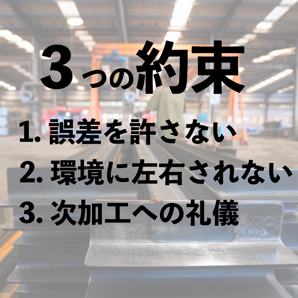 工場の背景写真に「3つの約束 1.誤差を許さない 2.環境に左右されない 3.次加工への礼儀」という文字が重なっている。
