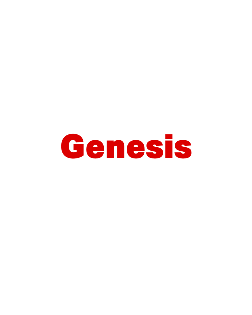 白背景に赤色で太字の「Genesis」という英単語が中央に配置されたタイポグラフィ画像
