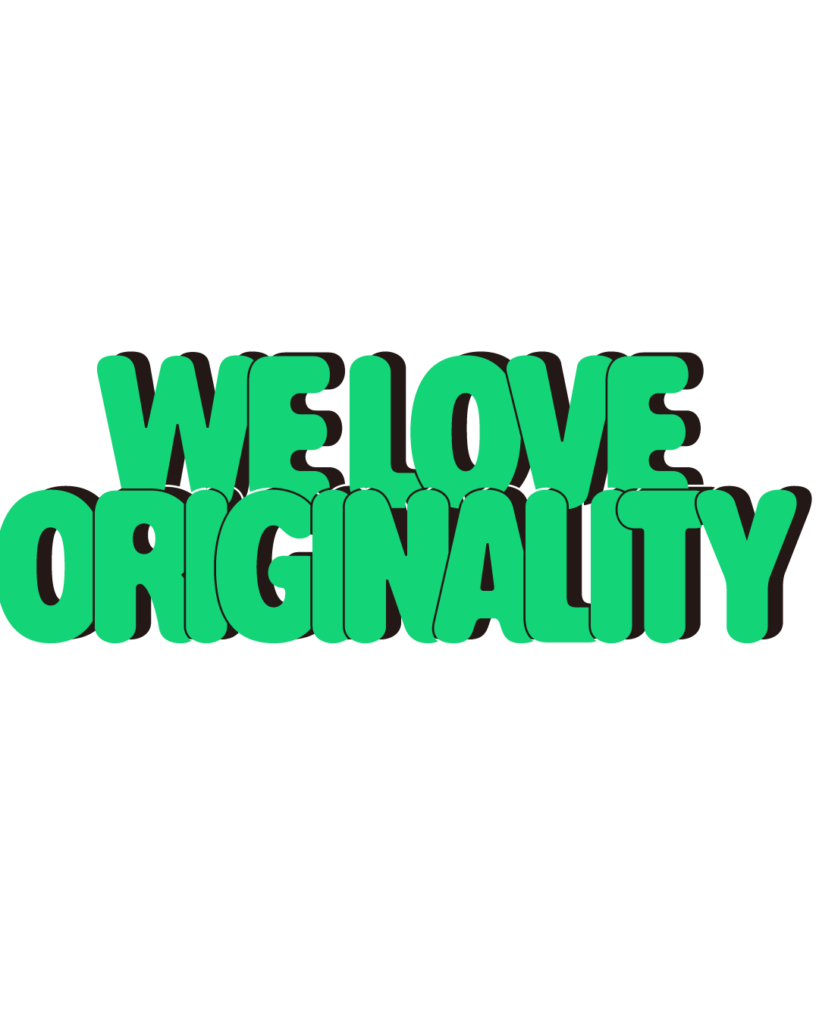 製造業インスタ向け「WE LOVE ORIGINALITY」緑色ポップフォントのロゴ・文字素材
