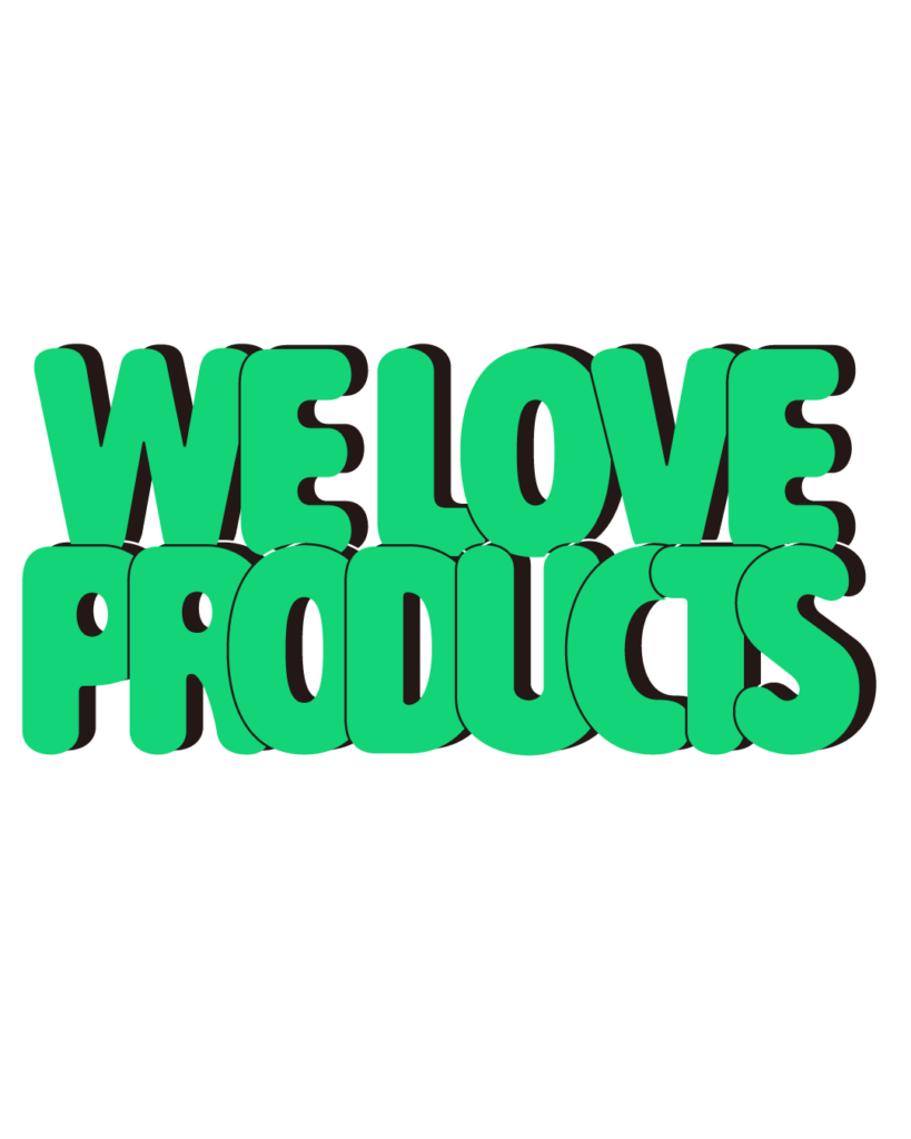 製造業インスタ向け「WE LOVE PRODUCTS」緑色ポップフォントのロゴ・文字素材
