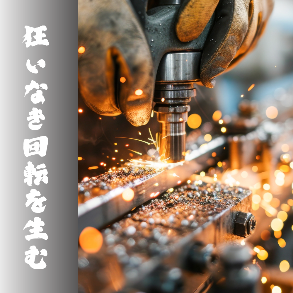 工具から激しく火花が散っている加工中の写真。左側にグレーの縦帯が敷かれ、「飽くなき情熱を生む」という白い縦書き文字が重なっている。
